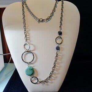 VTG 36"L Station Element Necklace by Etienne Aigner Silver Tone Rings Stones